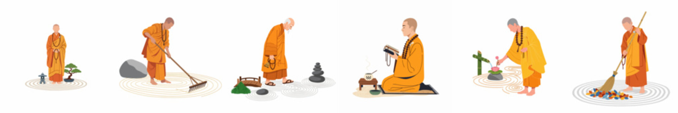 Set of flat illustrations depicting Buddhist monks performing daily rituals and mindfulness activities in a serene Zen garden setting.