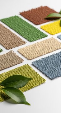 Close-up of innovative biodegradable textile samples made from organic plant fibers arranged on a clean surface with green leaves nearby, clothing, biodegradable, biological