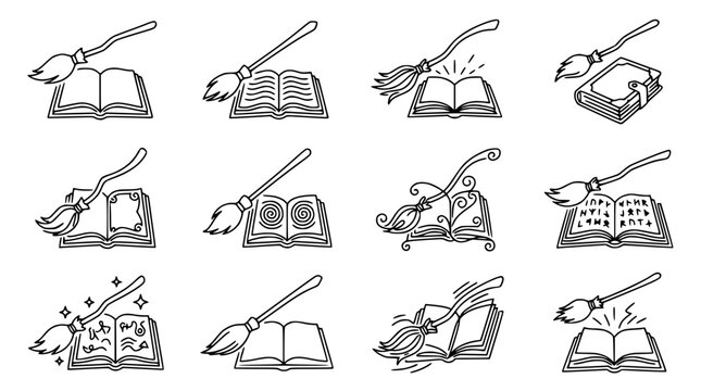 Witchcraft Magic Books and Broomsticks Icons Set