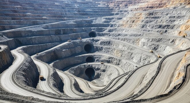 Detailed view of a tiered diamond mine excavation showing massive kimberlite pipes and industrial roads spiraling into the deep rocky earth, rugged, nature, site