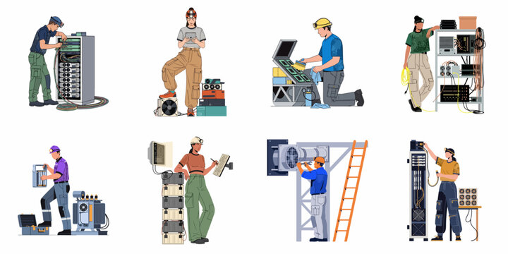 Collection of flat illustrations showing technicians and engineers maintaining cryptocurrency mining rigs, servers, and industrial ventilation systems on white background.