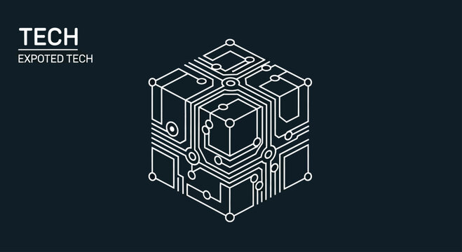 Isometric white circuit cube logo on dark background