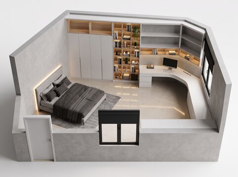 3D cutaway view of a modern bedroom and home office studio layout. Features a bed with backlit headboard, built-in wardrobes, illuminated bookshelf, and a large curved corner desk setup.