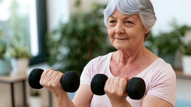An older woman smiles while holding dumbbells during a home workout session in a bright indoor space