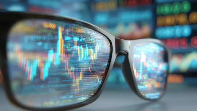 Eyeglasses with stock market graphs and numbers reflected on the lenses, representing data driven investment decisions. Futuristic financial analytics and trading visualization