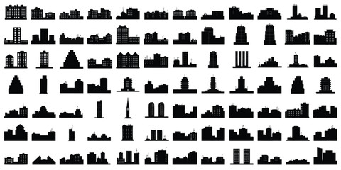 Black and white urban skyline silhouettes on white background, cityscape set black silhouettes buildings © Mamun