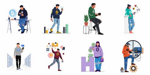 Fototapeta premium Collection of flat vector illustrations depicting individuals engaged in cryptocurrency activities like mining, trading, and managing digital assets on blockchain platforms.