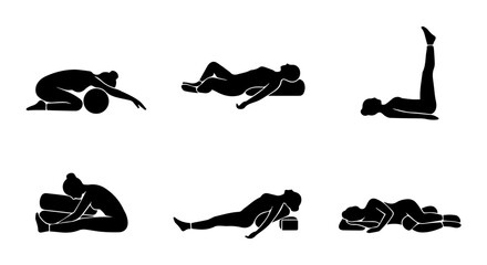 Obraz premium Yoga Poses Vector Silhouettes, Relaxation and Meditation Figures, Wellness and Health Icons