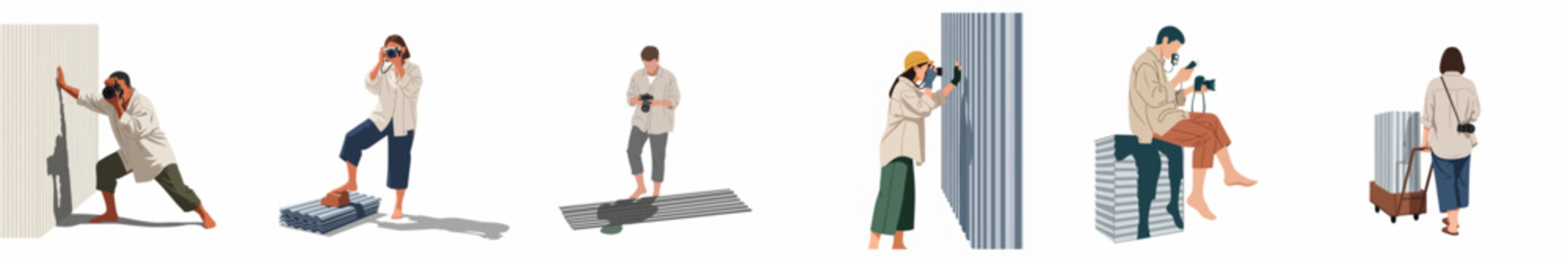 Flat illustration set of photographers and workers handling industrial corrugated metal panels, capturing creative shots in diverse artistic poses.
