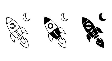 Rocket Ship Icons, Space Travel Vector Graphics, Moon and Stars, Simple Black and White Design © al
