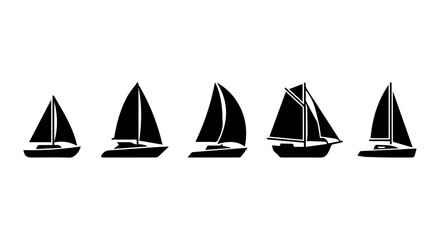 Naklejka premium Set of Five Black Sailboat Icons, Nautical Vector Graphics for Marine and Travel Designs