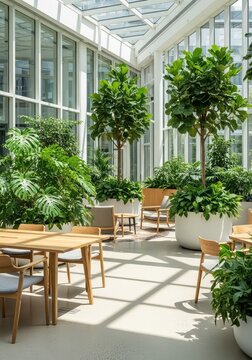 Lush green plants fill a modern office atrium featuring natural wood furniture and comfortable seating areas bathed in sunlight, garden, wood, peaceful