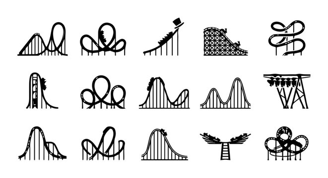 Roller Coaster Icons, Amusement Park Rides, Thrill Rides, Vector Set