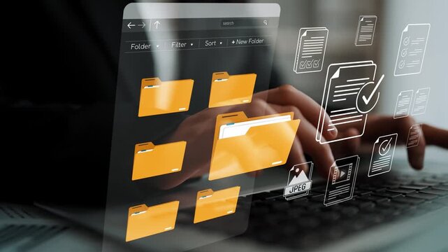 Hands Working on Laptop with Digital Interface Showing File Folders and Documents Symbolizing Data Management and Organization in Modern Office Environment Sigmoid