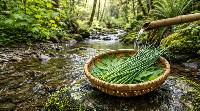 Chives fill a bamboo basket beside a forest creek.