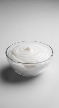 Organic white beef tallow in a clear glass bowl on a neutral studio background featuring soft lighting and a smooth creamy texture profile, lard, cream, lighting