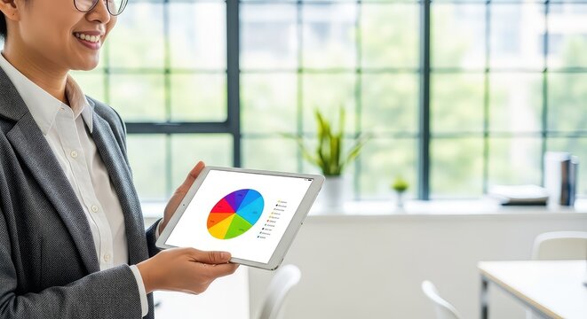Professional attire and a sleek digital tablet appear in a bright modern office setting, featuring a warm and happy facial expression, confident, interior, tablet