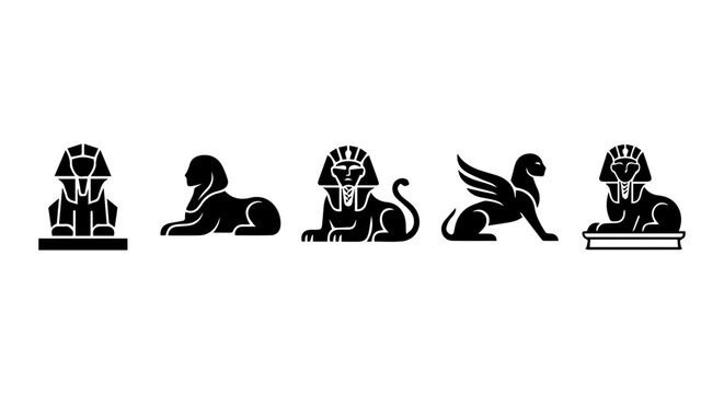 Egyptian Sphinx Icons Vector Set, Ancient Mythical Creature Symbols, Pharaoh Symbolism, Black and White Graphics