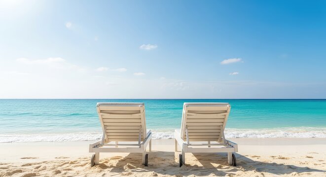 Two comfortable white wooden lounge chairs sit on a pristine sandy shore near turquoise ocean waves under a bright tropical summer sun, coastal, relaxation, seaside