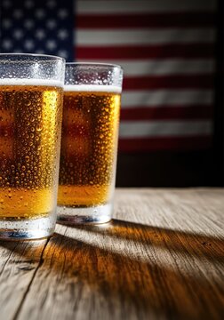 Two frosty beer glasses rest on a rustic wood surface with a patriotic red white and blue flag blurred in the background of a dim tavern, wood, red, freedom