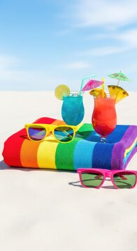Two pairs of colorful sunglasses rest on white sand near a vibrant rainbow patterned towel and tropical drinks under a sunny summer sky, romance, coast, resort