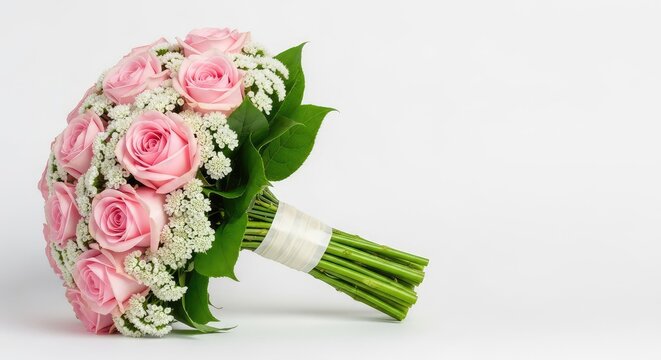 Un hermoso ramo de flores compuesto por elegantes rosas rosadas y delicadas flores blancas con tallos verdes y hojas naturales vibrantes, wedding, organic, gift