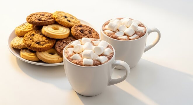 Two white cups of hot chocolate topped with marshmallows rest beside a plate of fresh cookies on a clean white background with soft light, cozy, indulgence, drink
