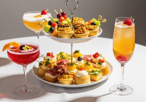 Vibrant festive table featuring gourmet appetizers, sparkling cocktails, and elegant glassware arranged beautifully for a social celebration, snack, sparkling, gathering