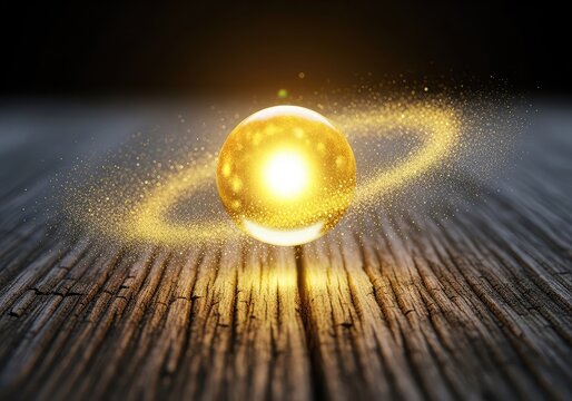 Vibrant golden dust swirls around a luminous orb suspended over textured wood, creating a magical atmosphere of cosmic fantasy and mystery, radiant, orb, sparkle
