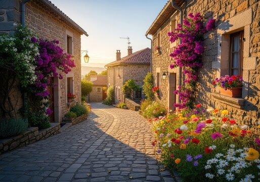 Warm golden sunlight bathes a quiet stone village path lined with rustic cottages, blooming flowers, and tranquil evening atmosphere, landscape, evening, sunbeam