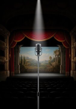 Wide view of a grand opera house stage with a spotlight on a vintage microphone during the final singing act of a classical performance, production, music, stagecraft