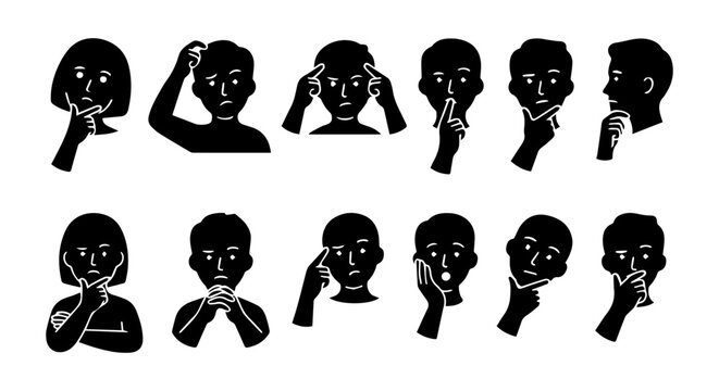 Thinking Poses Vector Icons, Human Silhouette Gestures, Doubt and Contemplation Collection
