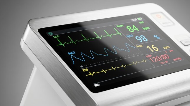 Close up of digital medical monitor displaying vital signs including heart rate ecg waveform oxygen saturation and blood pressure readings