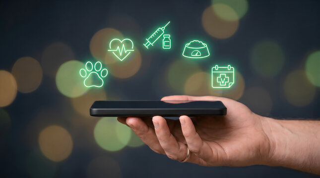 Veterinary medicine mobile app interface, digital pet care icons over smartphone, online animal health services and veterinary technology concept