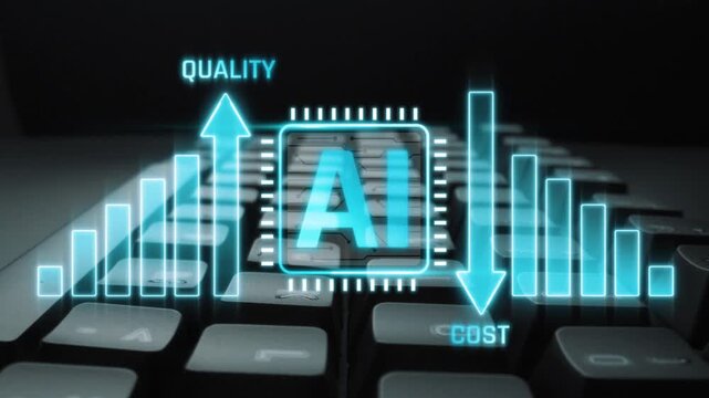 Visual Representation of Artificial Intelligence Impact on Quality and Cost on a Keyboard Background with Graphs and Symbols Sigmoid