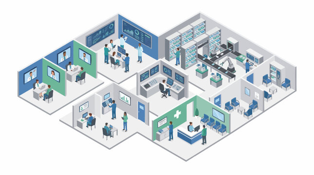 Modern office workspace with multiple rooms and employees.