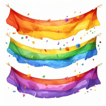 Three boho style rainbow colored half circular bunting with confetti. Decorative celebration elements for holiday banner.