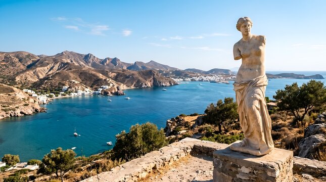 Ancient Greek statue overlooking the scenic coastal bay of Milos island