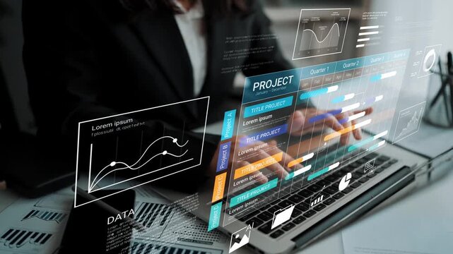 Business professional analyzing data and project metrics on a laptop screen with futuristic interface and graphs in a modern office setting Gluon.