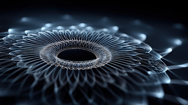 Abstract futuristic circular design with intricate light patterns and glowing elements on dark background