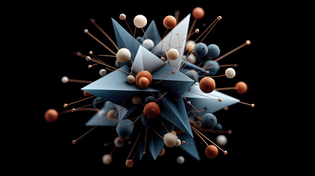 Abstract geometric composition with shapes and spherical elements in blue and bronze tones