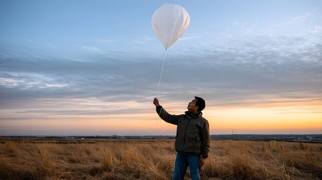A person releases a white weather balloon into the sky over a dry grassy field during sunset