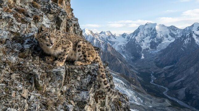 A magnificent snow leopard, an elusive predator of the high altitudes, surveys its vast mountainous domain from a rugged cliff face amidst the breathtaking, snow-capped peaks of the Himalayas