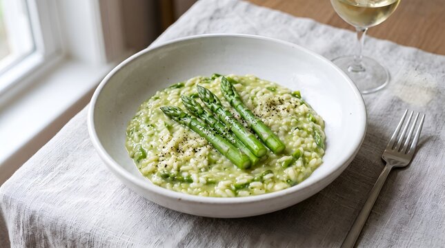 Creamy asparagus risotto in a white bowl on a linen tablecloth with white wine
