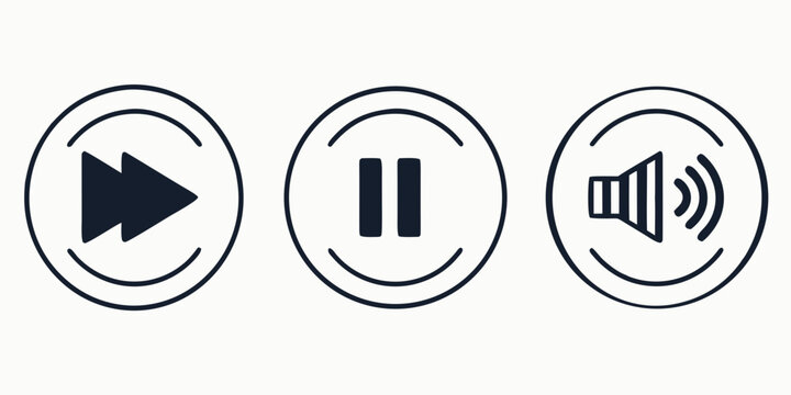 Black audio control play, pause, and rewind on white background, play button pause button rewind button