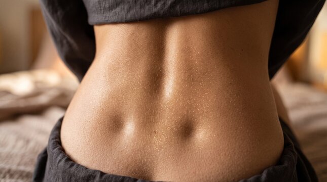 Macro photo of woman's lower back with dimples showing woman's features showing delicate skin pores natural beauty details and high-resolution skin texture with professional studio lighting