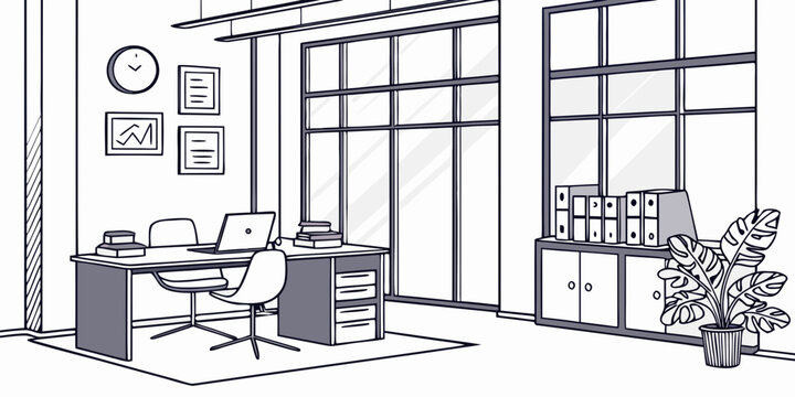 Modern office workspace interior with desk, chair, computer, and filing cabinet