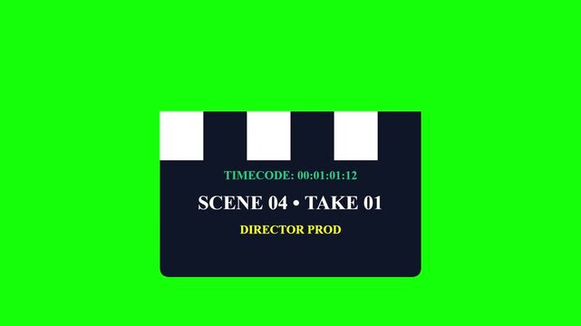 A digital film clapperboard overlays arranged horizontally against a vibrant solid green screen background with professional film clapperboards