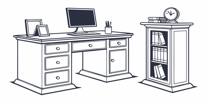 Minimalist office desk setup with computer, printer, and filing cabinet on white background, monitor keyboard