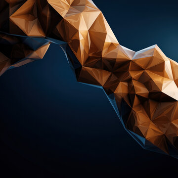 Abstract geometric art featu a faceted copper-colored arm reaching out against a dark background